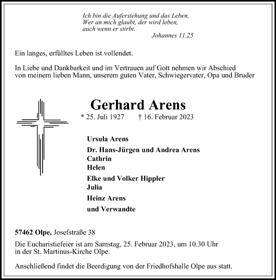 Traueranzeige von Gerhard Arens von Tageszeitung