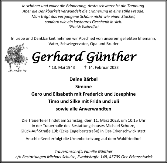 Traueranzeige von Gerhard Günther von Tageszeitung