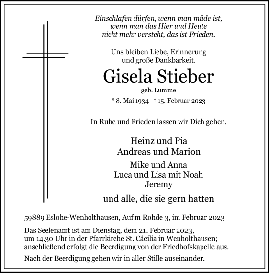 Traueranzeige von Gisela Stieber von Tageszeitung