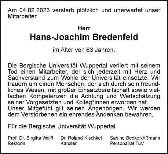 Traueranzeige von Hans-Joachim Bredenfeld von Tageszeitung