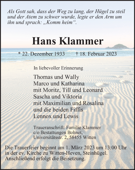 Traueranzeige von Hans Klammer von Tageszeitung