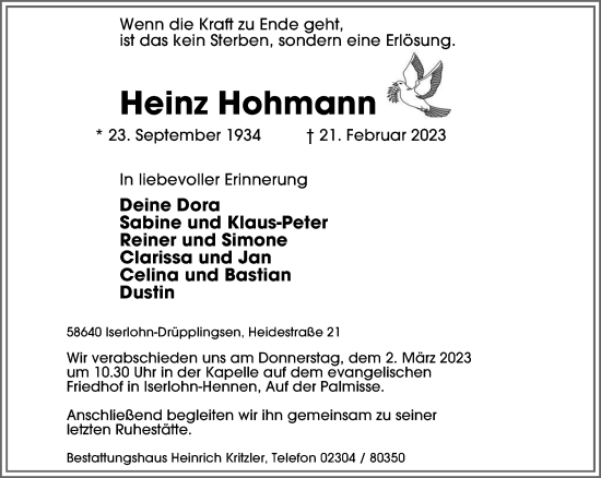 Traueranzeige von Heinz Hohmann von Tageszeitung