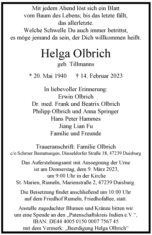  Traueranzeige für Helga Olbrich vom 25.02.2023 aus Tageszeitung
