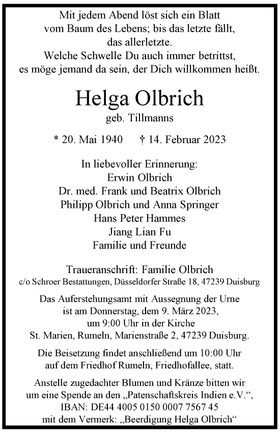 Traueranzeige von Helga Olbrich von Tageszeitung