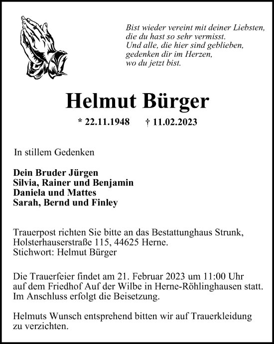 Traueranzeige von Helmut Bürger von WVW Anzeigenblätter