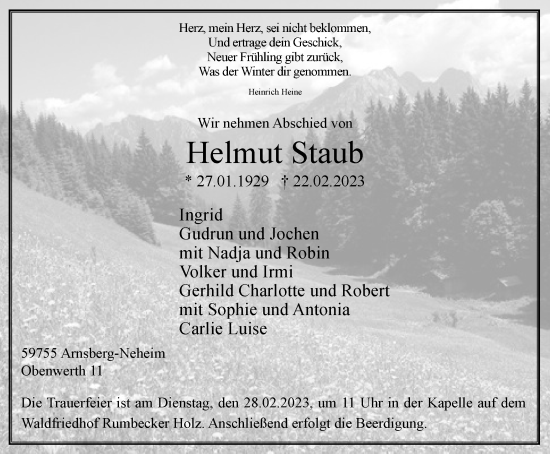 Traueranzeige von Helmut Staub von Tageszeitung