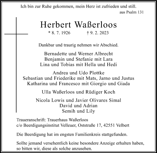 Traueranzeige von Herbert Waßerloos von WVW Anzeigenblätter