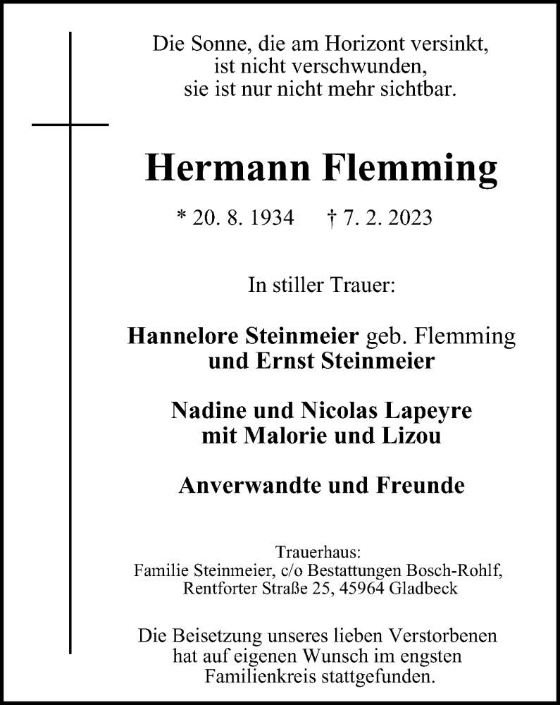  Traueranzeige für Hermann Flemming vom 18.02.2023 aus WVW Anzeigenblätter
