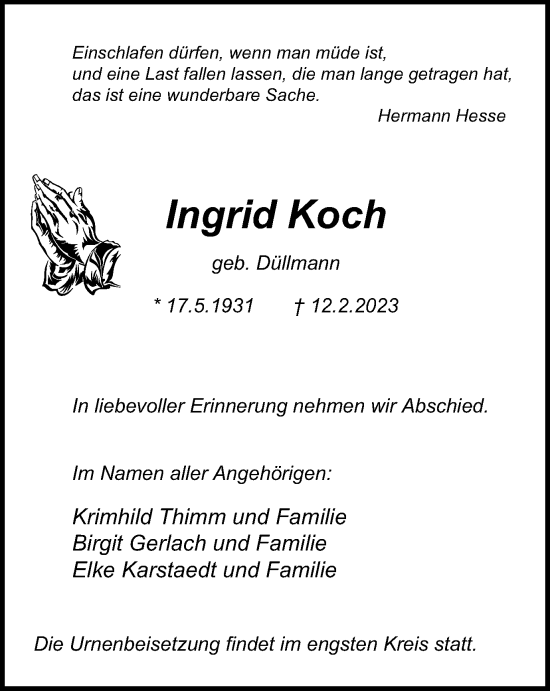 Traueranzeige von Ingrid Koch von Tageszeitung