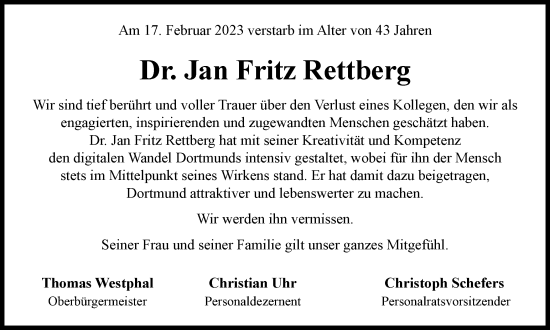 Traueranzeige von Jan Fritz Rettberg von Tageszeitung