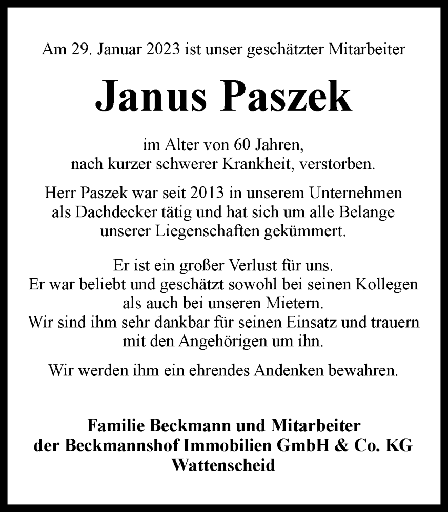  Traueranzeige für Janus Paszek vom 18.02.2023 aus Tageszeitung