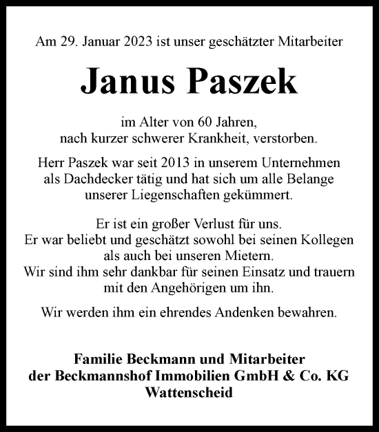 Traueranzeige von Janus Paszek von Tageszeitung