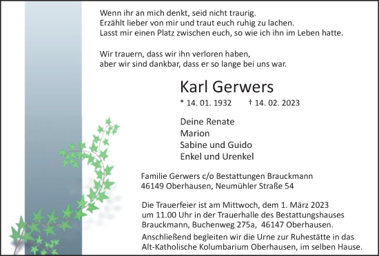 Traueranzeige von Karl Gerwers von WVW Anzeigenblätter