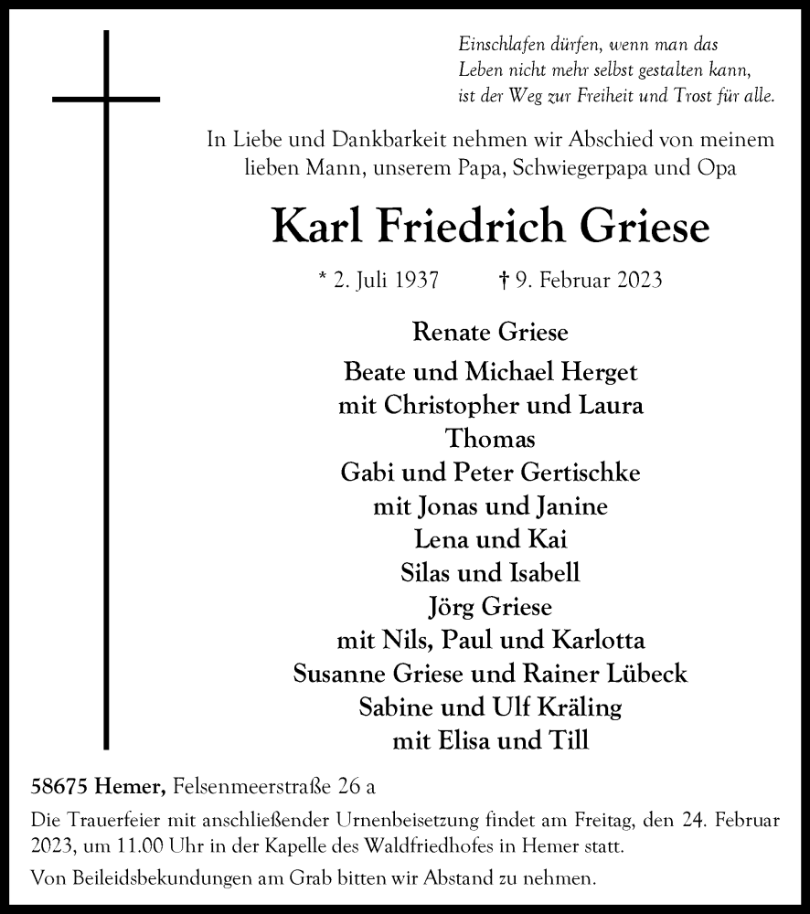  Traueranzeige für Karl Friedrich Griese vom 18.02.2023 aus Tageszeitung