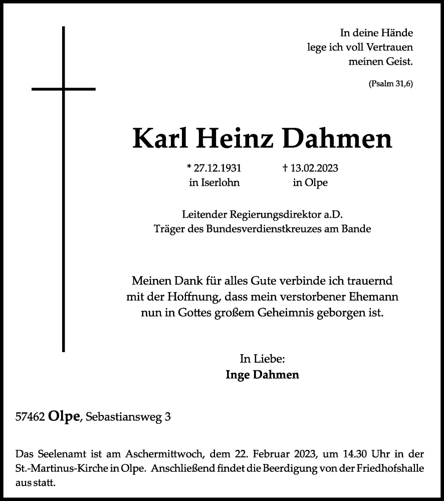  Traueranzeige für Karl Heinz Dahmen vom 17.02.2023 aus Tageszeitung