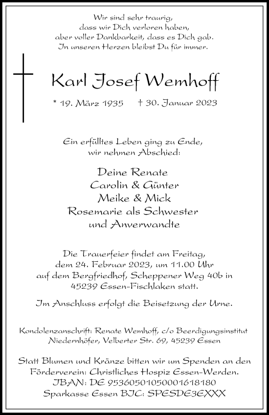 Traueranzeige von Karl Josef Wemhoff von Tageszeitung