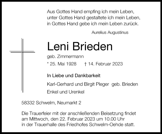 Traueranzeige von Leni Brieden von Tageszeitung