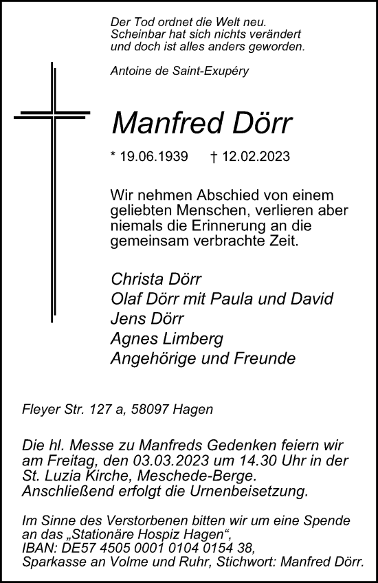 Traueranzeige von Manfred Dörr von Tageszeitung