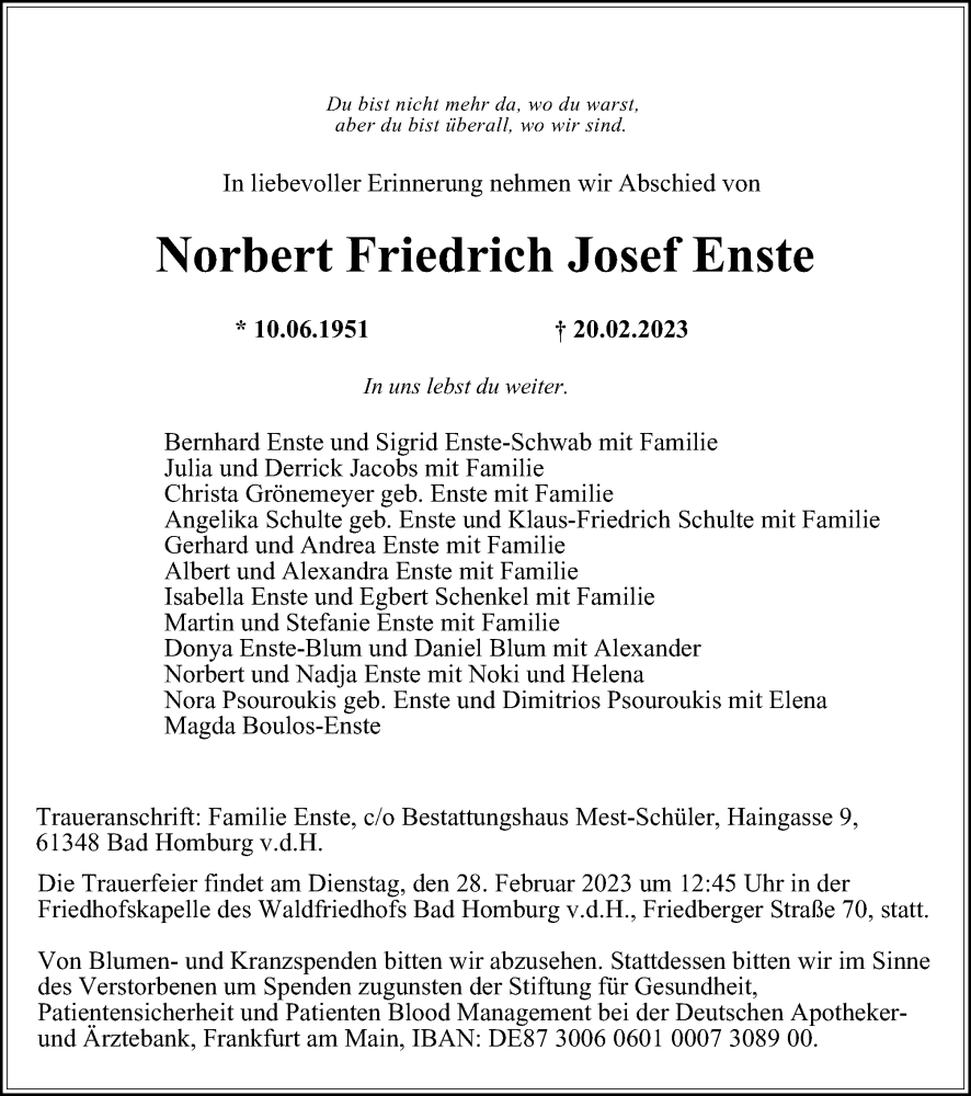  Traueranzeige für Norbert Friedrich Josef Enste vom 25.02.2023 aus Tageszeitung