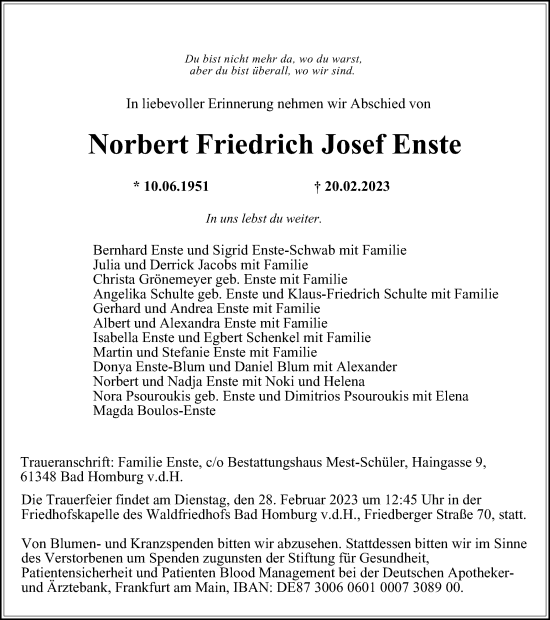 Traueranzeige von Norbert Friedrich Josef Enste von Tageszeitung