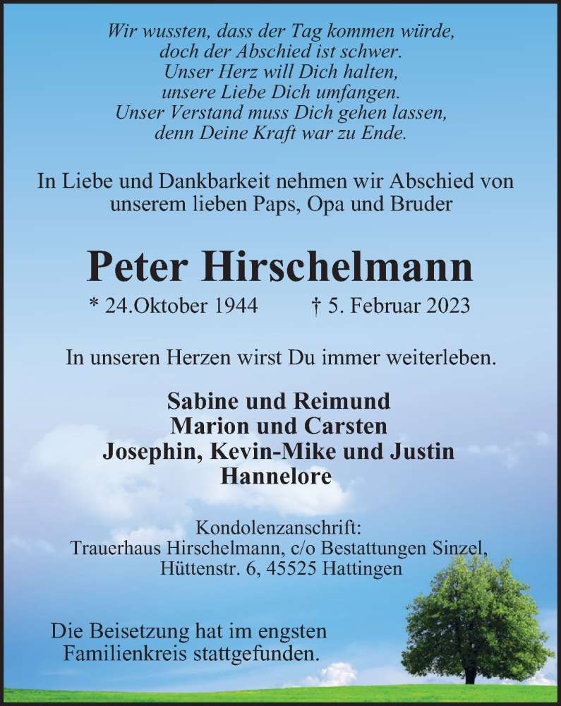  Traueranzeige für Peter Hirschelmann vom 18.02.2023 aus WVW Anzeigenblätter