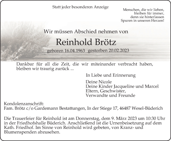 Traueranzeige von Reinhold Brötz von Tageszeitung