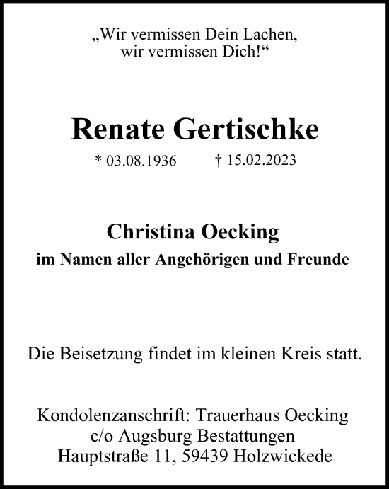 Traueranzeige von Renate Gertischke von Tageszeitung