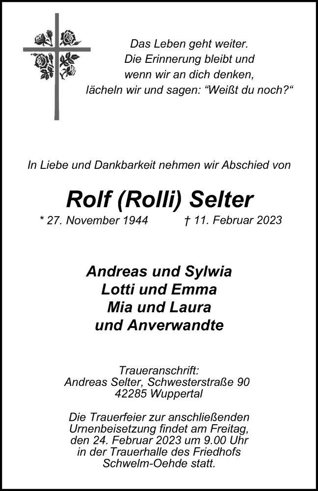  Traueranzeige für Rolf Selter vom 18.02.2023 aus Tageszeitung