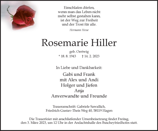 Traueranzeige von Rosemarie Hiller von Tageszeitung