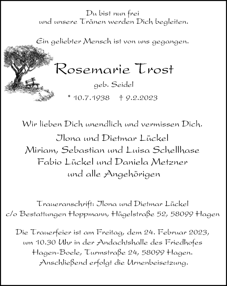  Traueranzeige für Rosemarie Trost vom 18.02.2023 aus Tageszeitung