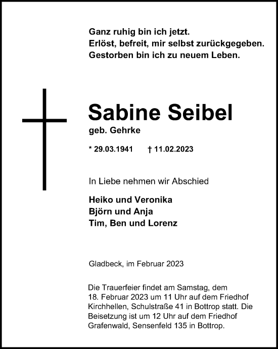 Traueranzeige von Sabine Seibel von WVW Anzeigenblätter