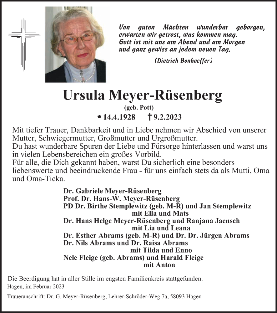  Traueranzeige für Ursula Meyer-Rüsenberg vom 18.02.2023 aus Tageszeitung
