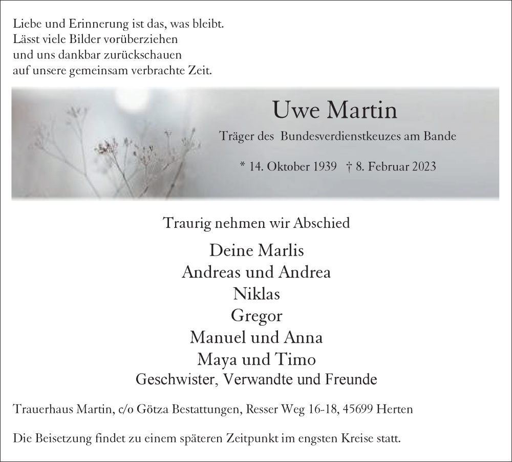  Traueranzeige für Uwe Martin vom 18.02.2023 aus Tageszeitung