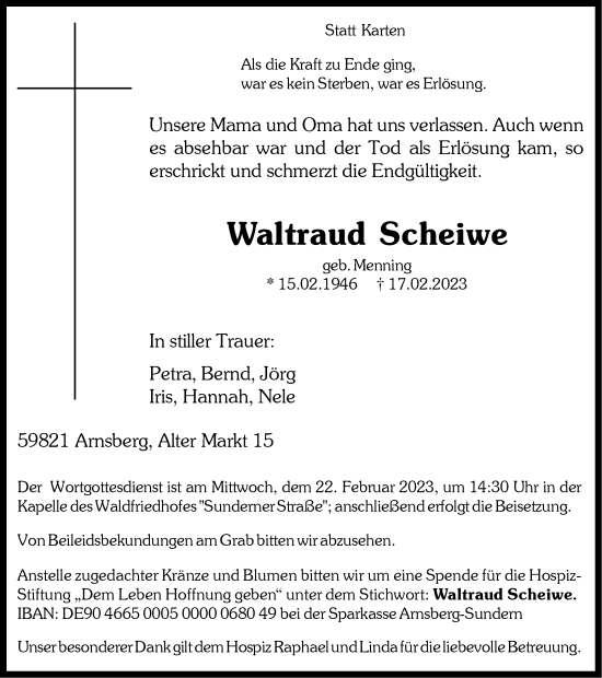 Traueranzeige von Waltraud Scheiwe von Tageszeitung