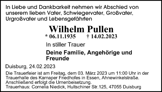 Traueranzeige von Wilhelm Pullen von Tageszeitung