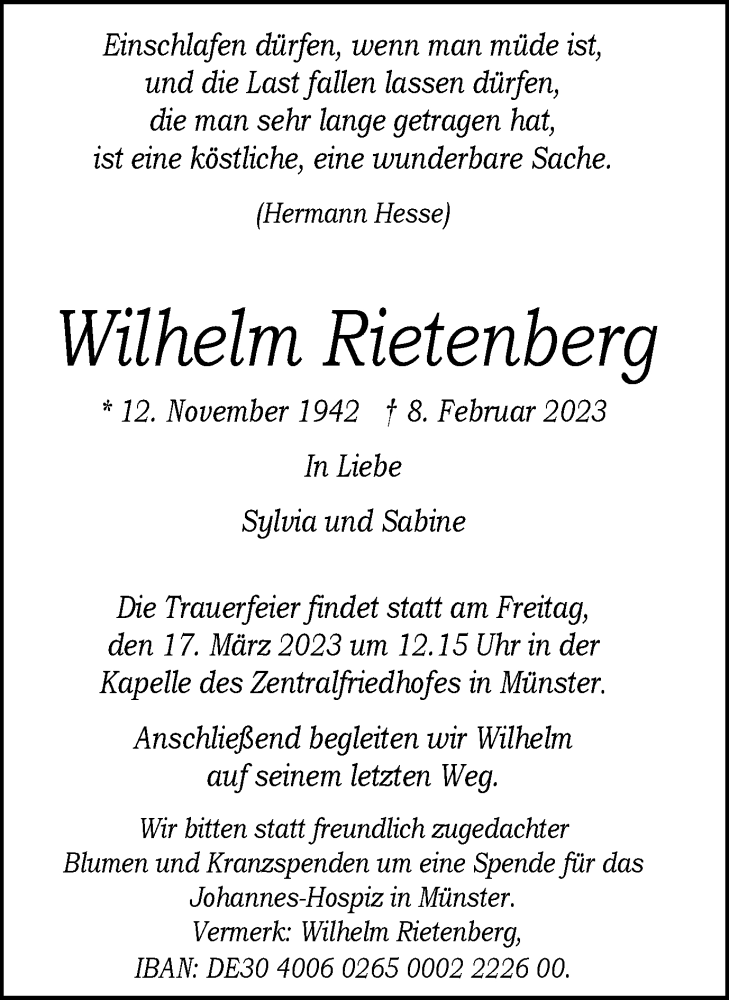  Traueranzeige für Wilhelm Rietenberg vom 18.02.2023 aus Tageszeitung