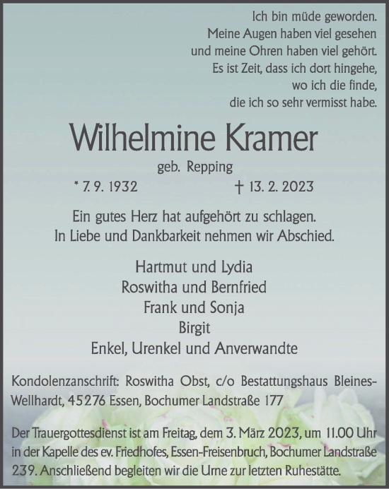 Traueranzeige von Wilhelmine Kramer von WVW Anzeigenblätter