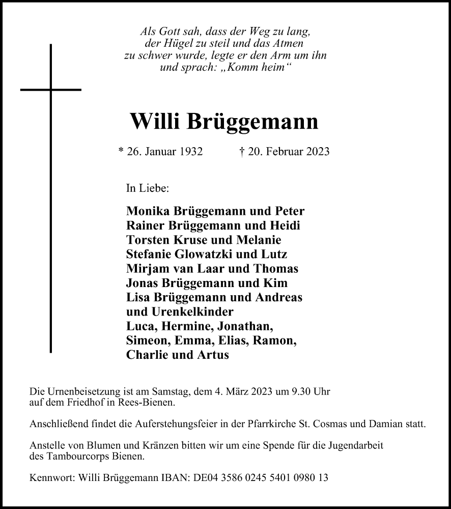  Traueranzeige für Willi Brüggemann vom 25.02.2023 aus Tageszeitung