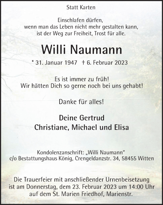 Traueranzeige von Willi Naumann von Tageszeitung