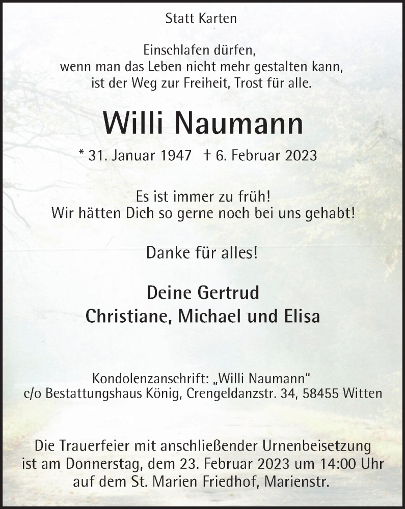  Traueranzeige für Willi Naumann vom 18.02.2023 aus Tageszeitung