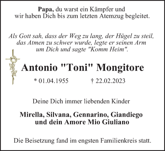 Traueranzeige von Antonio Mongitore von WVW Anzeigenblätter
