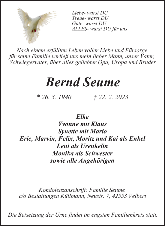 Traueranzeige von Bernd Seume von WVW Anzeigenblätter