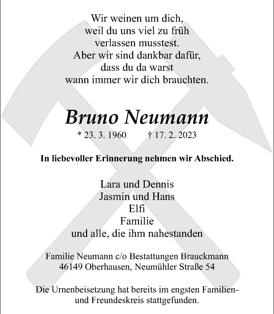  Traueranzeige für Bruno Neumann vom 18.03.2023 aus WVW Anzeigenblätter