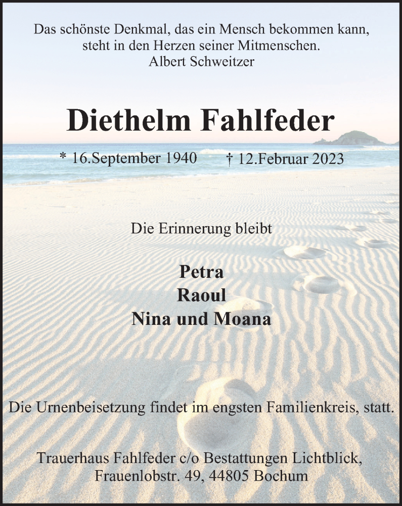  Traueranzeige für Diethelm Fahlfeder vom 04.03.2023 aus Tageszeitung
