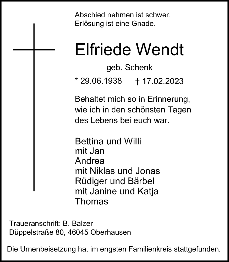  Traueranzeige für Elfriede Wendt vom 11.03.2023 aus WVW Anzeigenblätter