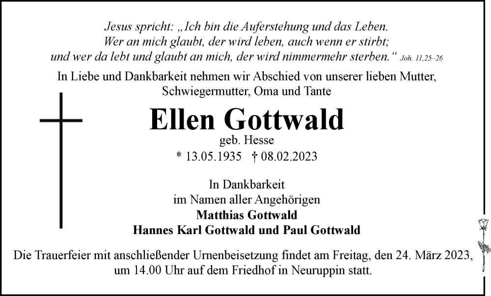  Traueranzeige für Ellen Gottwald vom 22.03.2023 aus Tageszeitung