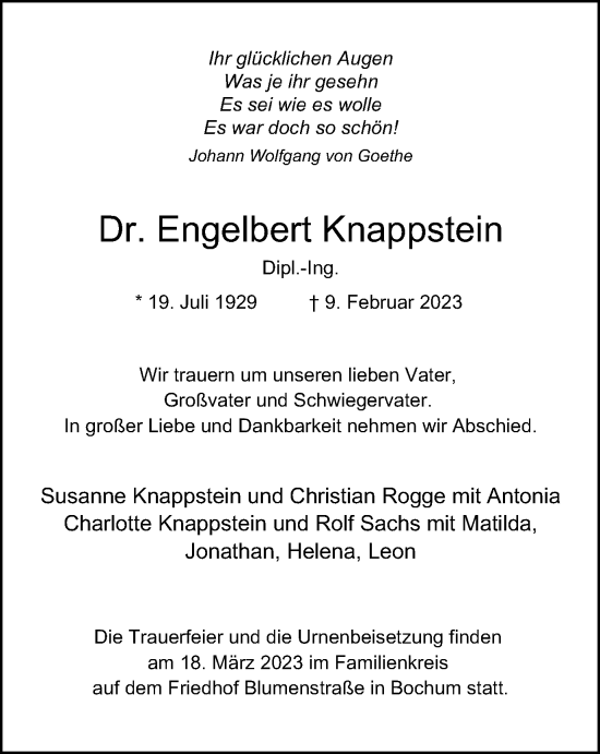 Traueranzeige von Engelbert Knappstein von Tageszeitung