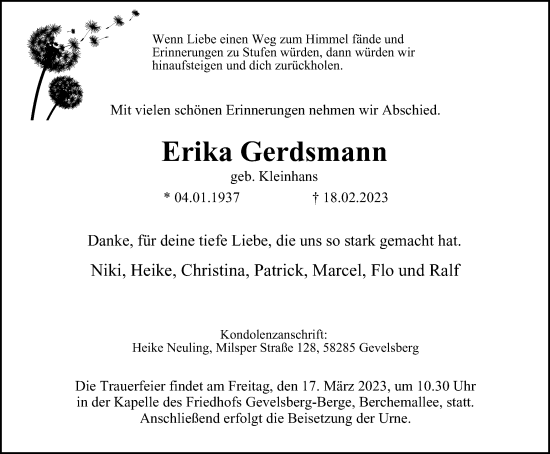 Traueranzeige von Erika Gerdsmann von Tageszeitung