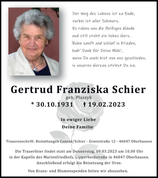 Traueranzeige von Gertrud Franziska Schier von WVW Anzeigenblätter
