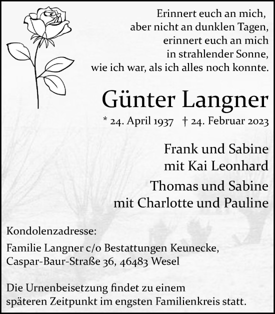 Traueranzeige von Günter Langner von WVW Anzeigenblätter